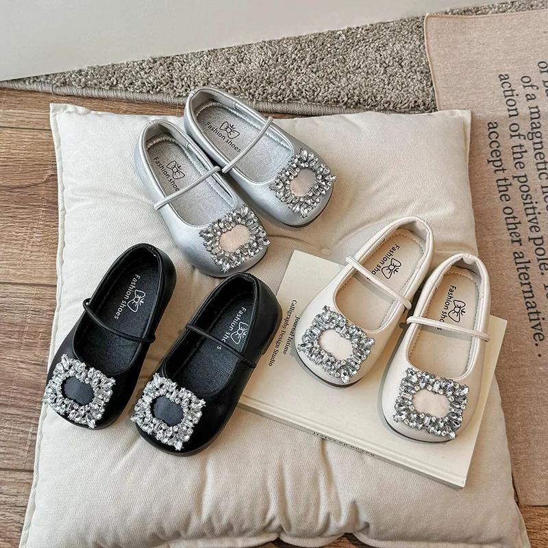 2024 Summer New Children Leather Shoes for Girls French Style Square Head Water Diamond Ballet Shoes New Soft Single Shoes