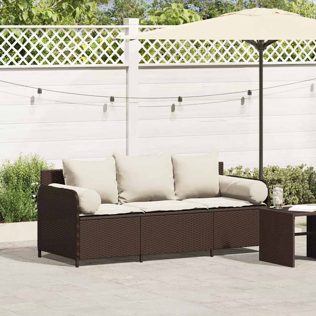 Garden Sofa with Cushions 3 Seater Brown Poly Rattan