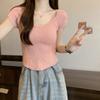 V-neck Short-sleeved Knit Shirt Female Summer Models Positive Shoulder Design Sense Niche Slim Short Irregular Matching Tops Casual Pullovers Tees