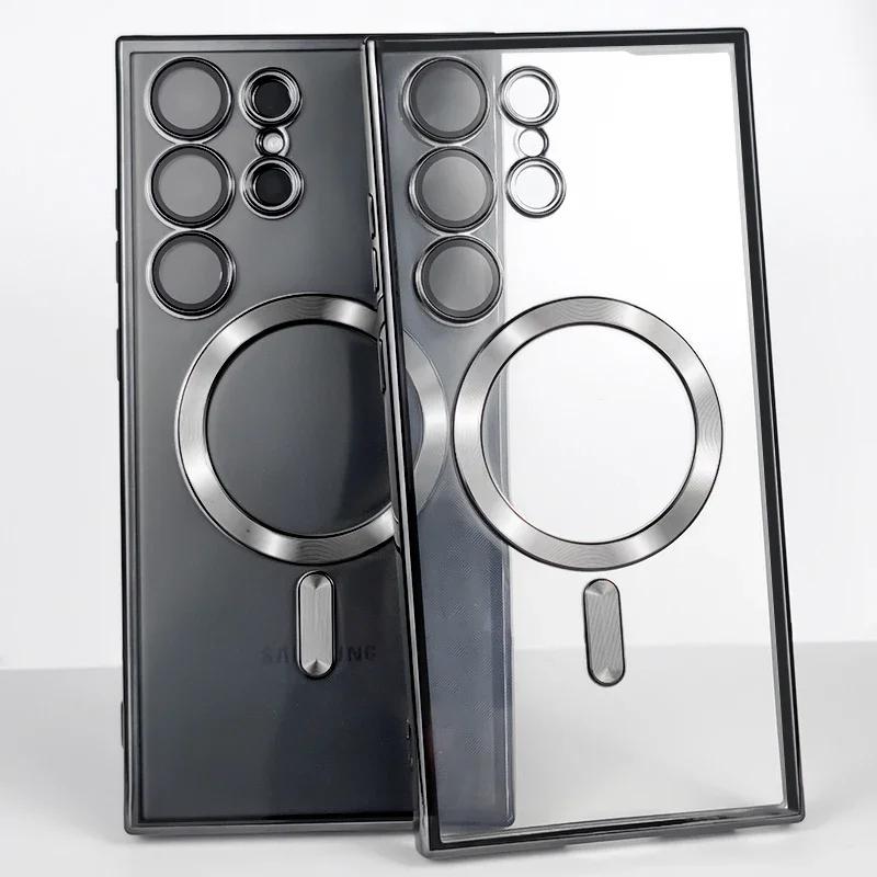 Luxury Plating Clear Silicone Phone Case For Galaxy A56 A55 A14 A24 A34 A35 Magnetic Lens Protection Case Back Cover A54 Cases