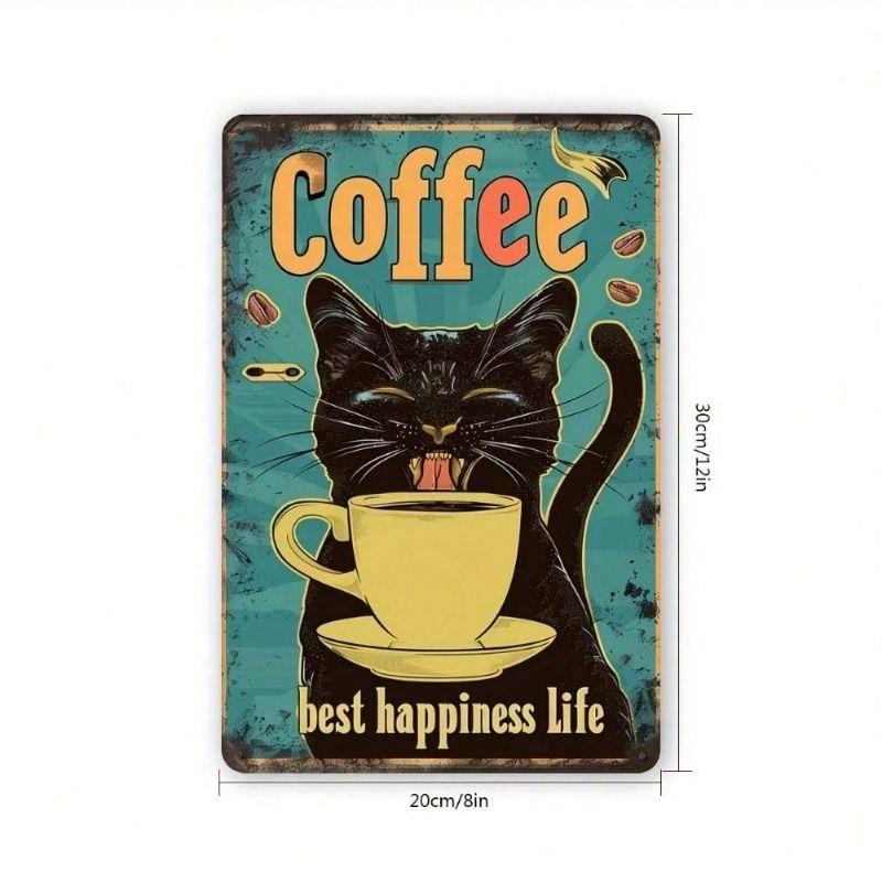 Poster Metalic Artă de Perete Pisică Vintage Imprimeu Cafea Decor Casă