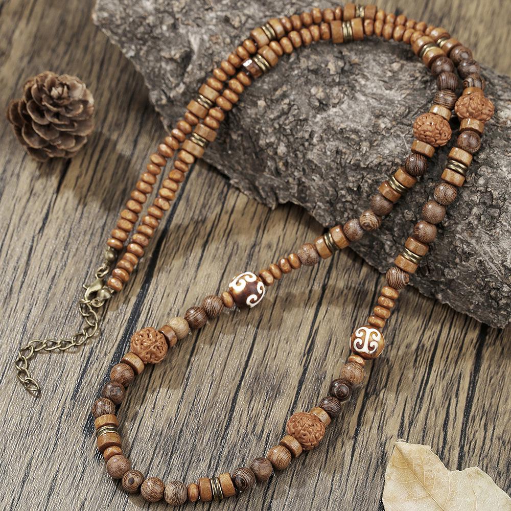 Collier Ethnique Homme Perles Tibétaines Agate Noire - Style Rétro Cadeau Surfeur