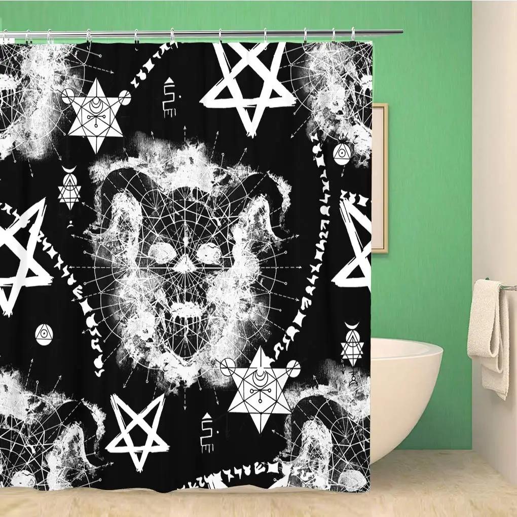 Shower Curtain Pentagram with Demon Baphomet Satanic Goat Head Binary Symbol Tattoo Waterproof Bathroom Curtains Set with Hooks