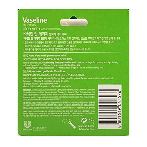 Vaseline Lip Care Aloe Vera Lip Balm Stick 4.8g Pack of 1 Up To 48Hr Moisturization Soft Lips