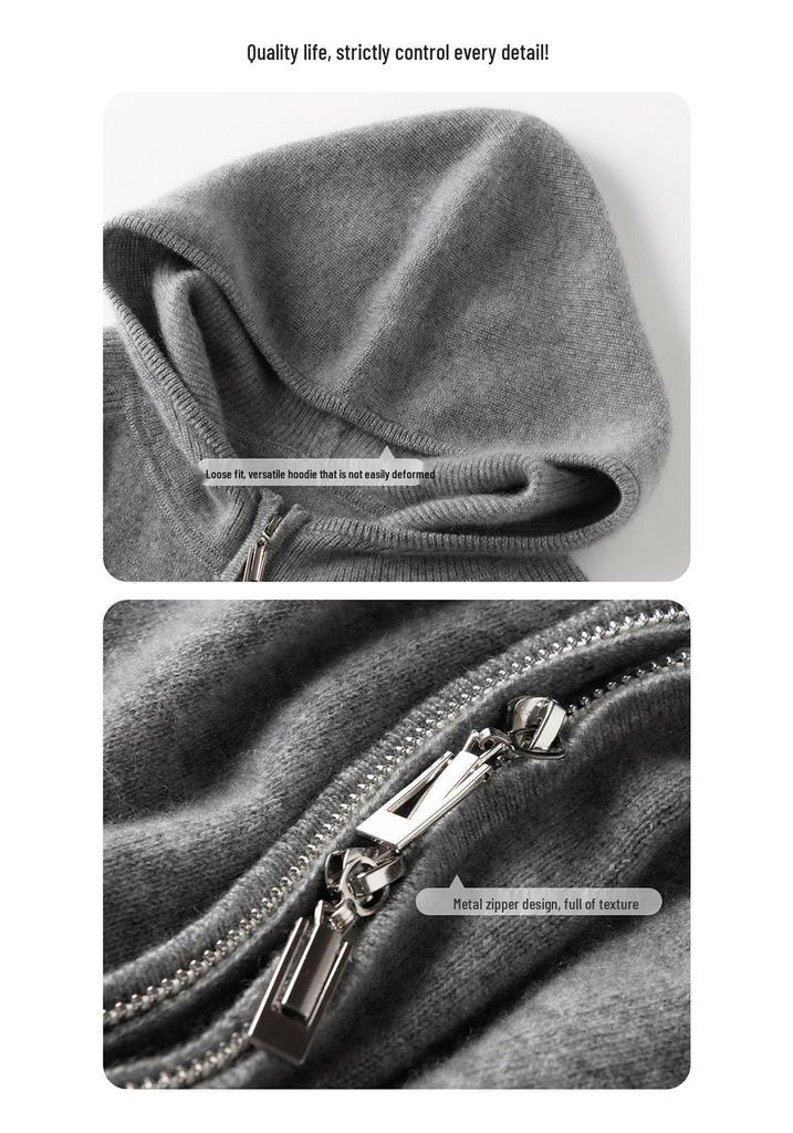 Women's Cashmere Knit Zip-Up Hoodie - Soft, Skin-Friendly, Thick, Solid Color Cardigan for Autumn/Winter