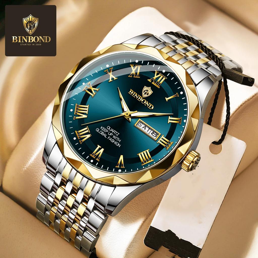 BINBOND Quartz Male Wristwatch Waterproof Luminous Date Week Watch for Men Stainless Steel Fashion Men's Watches Business Watch Casual Male Clock