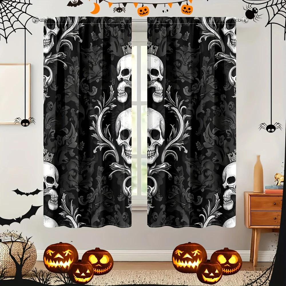 Set aus 2 Halloween Gothic Totenkopf-Print Vorhängen Stangentasche Heimdekorationen Zimmervorhang Polyester
