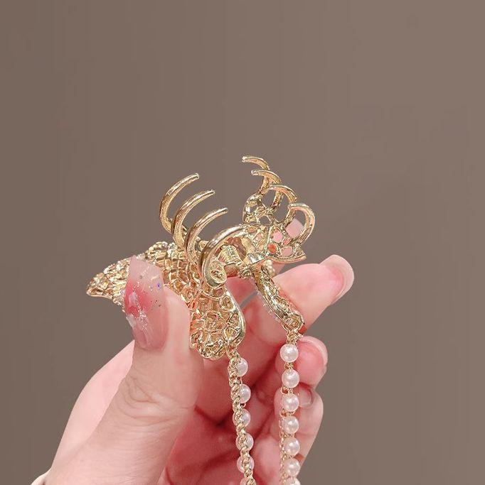 Summer Pearl Rhinestone Metal Butterfly Tassel Grab Clip Back of Head Ponytail Hairpin Women's Headdress Clip Hairpin Claw Clip