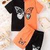 Girl's Color Clash 2pcs, T-shirt & Shorts Set, Cartoon Butterfly Print Short Sleeve Top, Casual Outfits, Kids Clothes For Summer