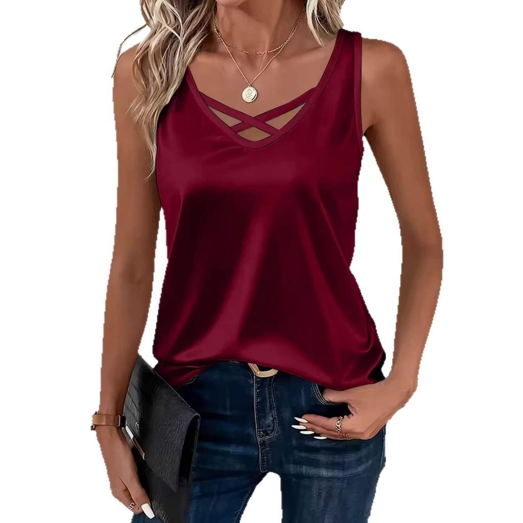 Tricou Elegant din Poliester, Fără Mâneci, cu Decolteu în V, pentru Purtare Casual și la Birou