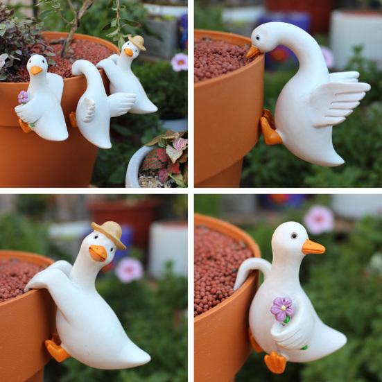 3 Pcs Cute Climbing Duck Resin White Goose Garden Statue Funny Flower Pot Hugger Outdoor Hanging