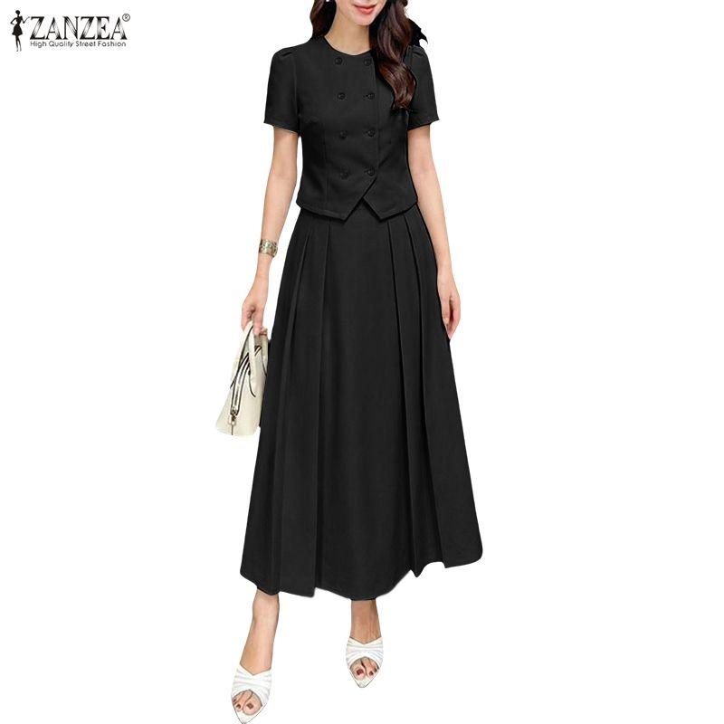 ZANZEA Women Short Sleeve Blouse and Long Skirts Casual Two Piece Suit Sets