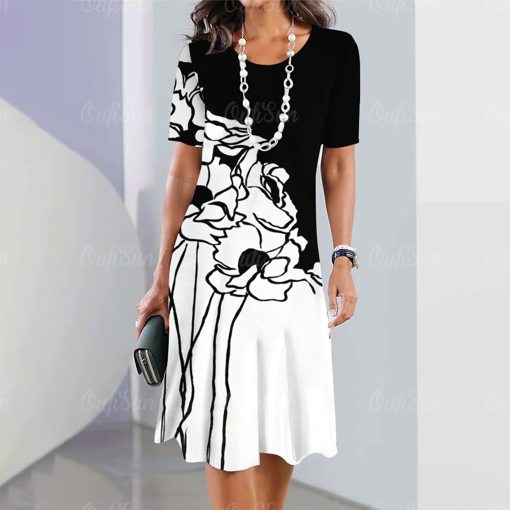 New Vintage Women's Dresses Floral Patchwork Printed Elegant Casual Short Sleeve Dress Y2k Loose Oversized Fashion Dress 2023