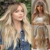 HAIRCUBE Long Wave Blonde Synthetic Wigs With Bangs Natural Wavy Heat Resistant Light Brown Wigs for Women Daily Party Hair Wig