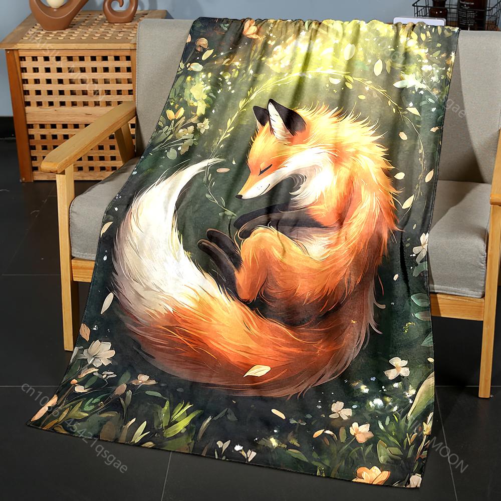 Multiple sizes Sleeping fox in forest Print Blanket Flannel Material Soft Warm for All Seasons Home Outdoor Camping Picnics