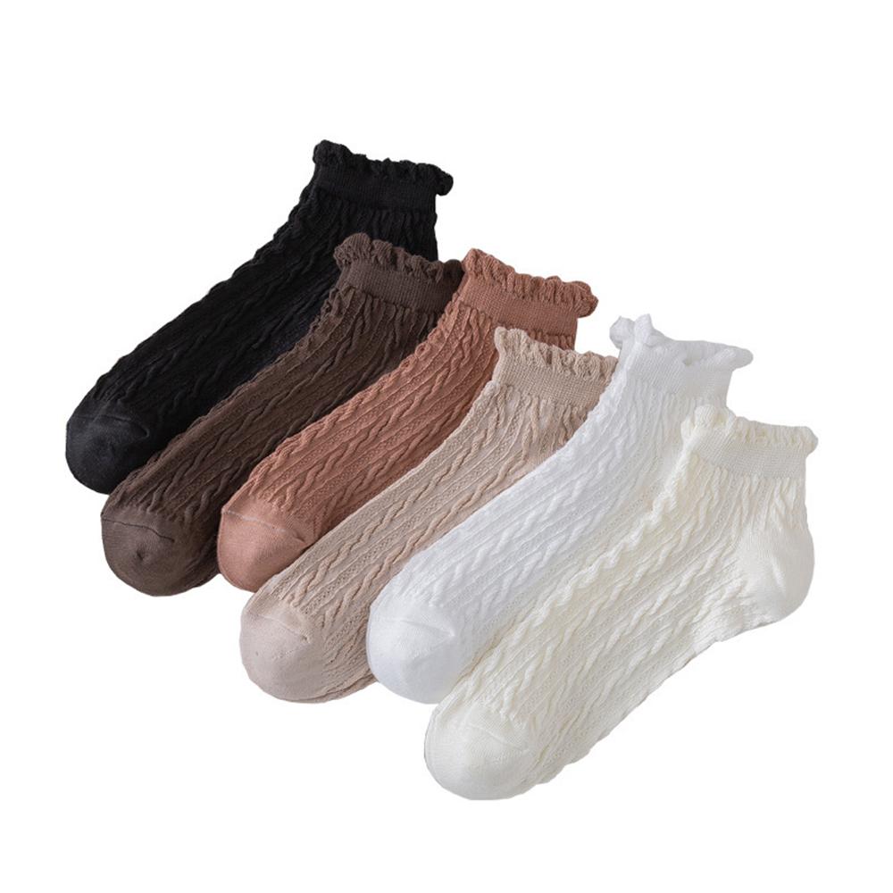 6 Pairs Set Ankle Socks For Women Cotton Cable Knit Ruffle Socks Low Cut Breathable Casual Girls Spring Summer Socks
