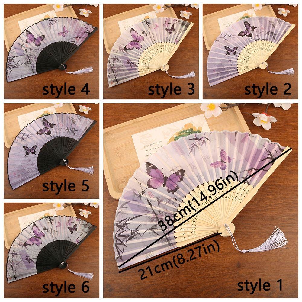 Chinese Style Silk Folding Fan Butterfly Pattern Handmade Handheld Fan Cooling with Tassel Decorative Fan Party Props