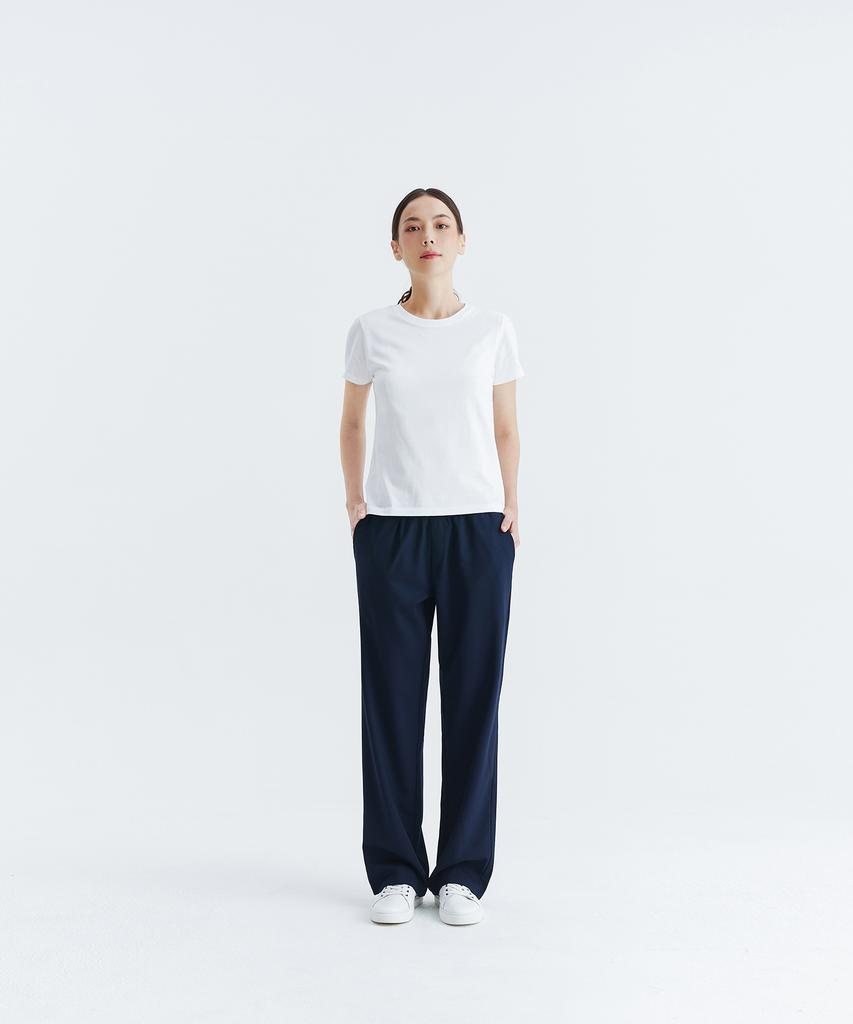 WHOLOVESART [Summer Fabric Added] Unisex Semi-Wide Elastic Waist Slacks Navy