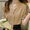 VONDA Summer Women Short Sleeve Tie Up Casual Office Blouse Shirts