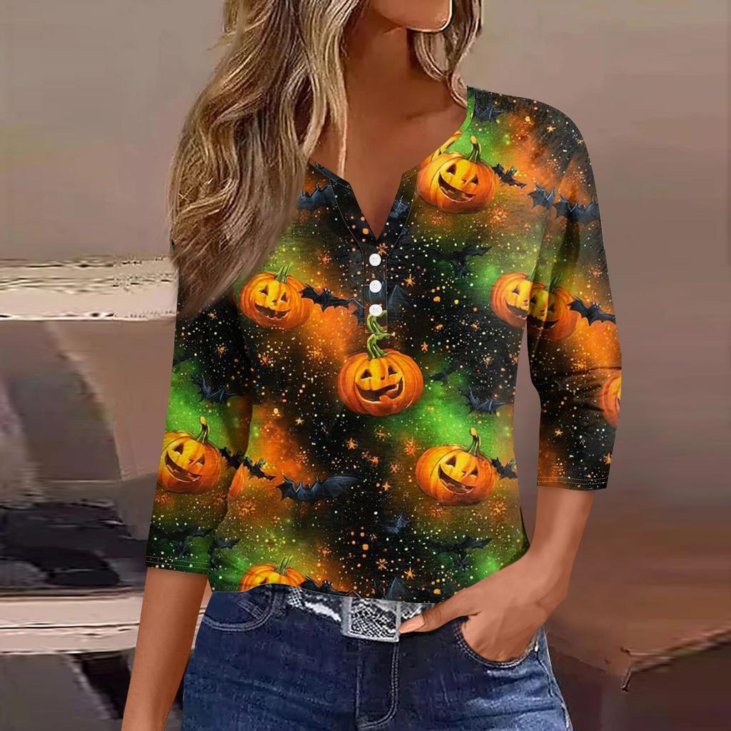 Dámské tričko s V-výstřihem, knoflíky, halloweenským motivem a tříčtvrtečním rukávem