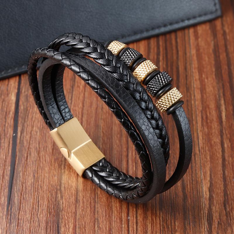 Mode Nieuwe Stijl Handgeweven Meerlaagse Combinatie Accessoire Roestvrij Staal Heren Leren Armband Klassiek Cadeau Grote Uitverkoop