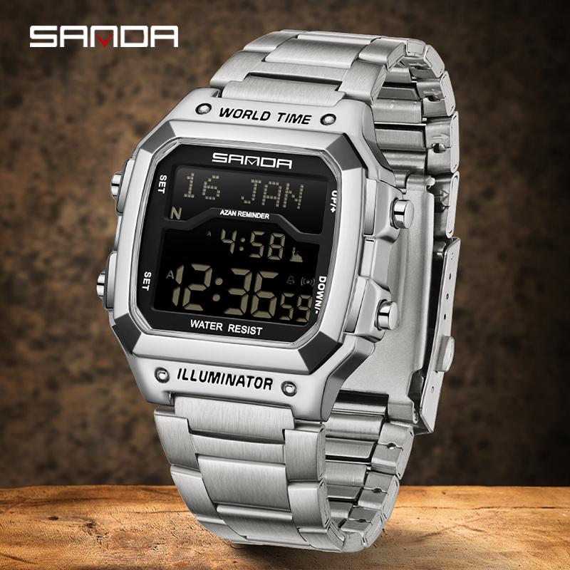 SANDA 2173 Digital World Time Watch with Azan Feature Steel Strap Waterproof Multifunction Prayer Reminder Wristwatch