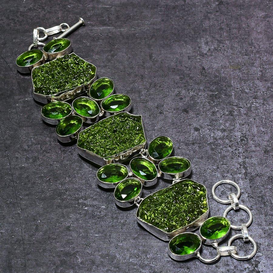 Moldavite Quartz, Peridot Gemstone 925 Sterling Silver Bracelet 7-8"