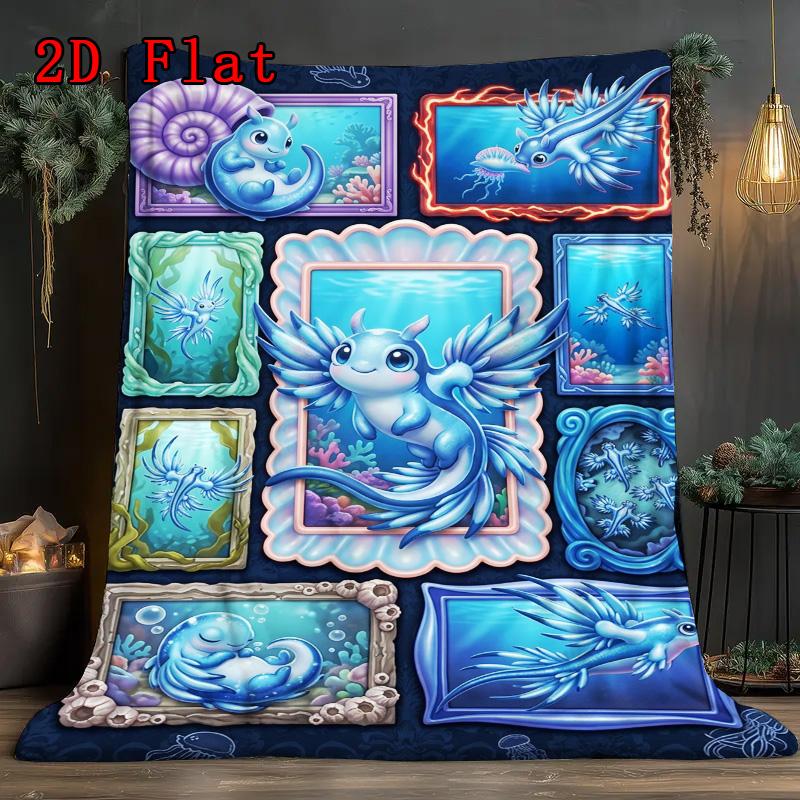 Oceanic Fantasy Creatures 2D Flat Pattern Flannel Blanket, High quality All Seasons, Home Decor, Warmth and Comfort, Perfect for Christmas Gifts.