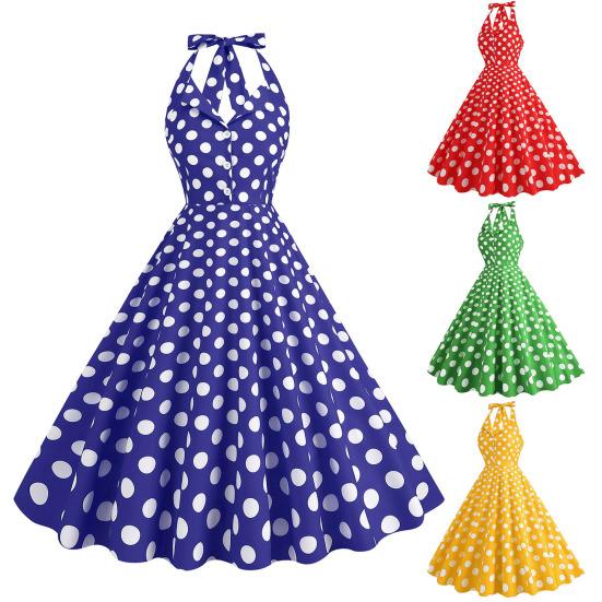 Abendkleid für Damen, Retro-Stil, farblich abgestimmt, Punktmuster, A-Linie, große Schaukel, Schnürung, rückenfrei, Neckholder, V-Ausschnitt, eng, hohe Taille, Knopfleiste, Party, Abschlussball, Midikleid