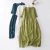 V-neck Retro Accordion-Pleated Dress – Literary Design In Solid Color Ramie, Slim Fit, Long Skirt for Women