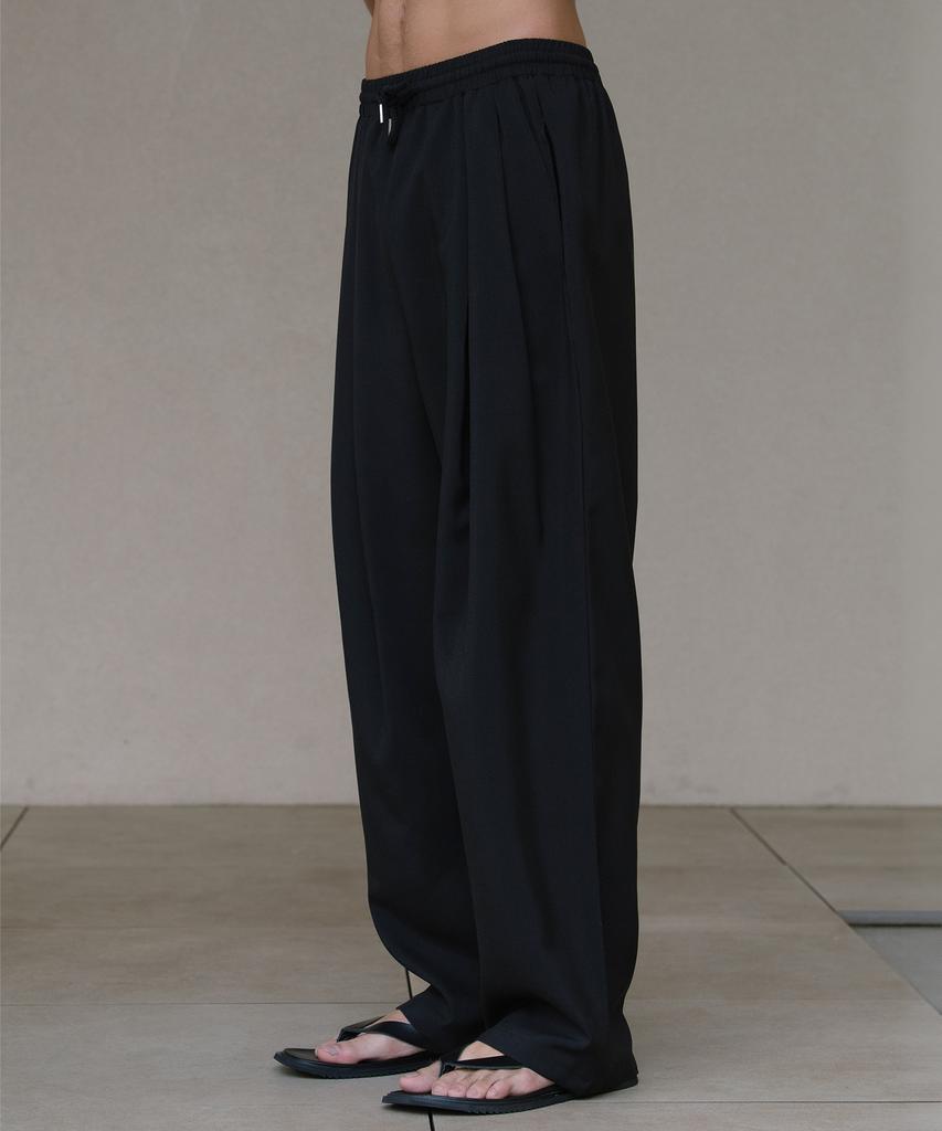 Dekkoloso Cool Linen-Like Double-Pleated Wrinkle-Free Wide Elastic Pants [Black]