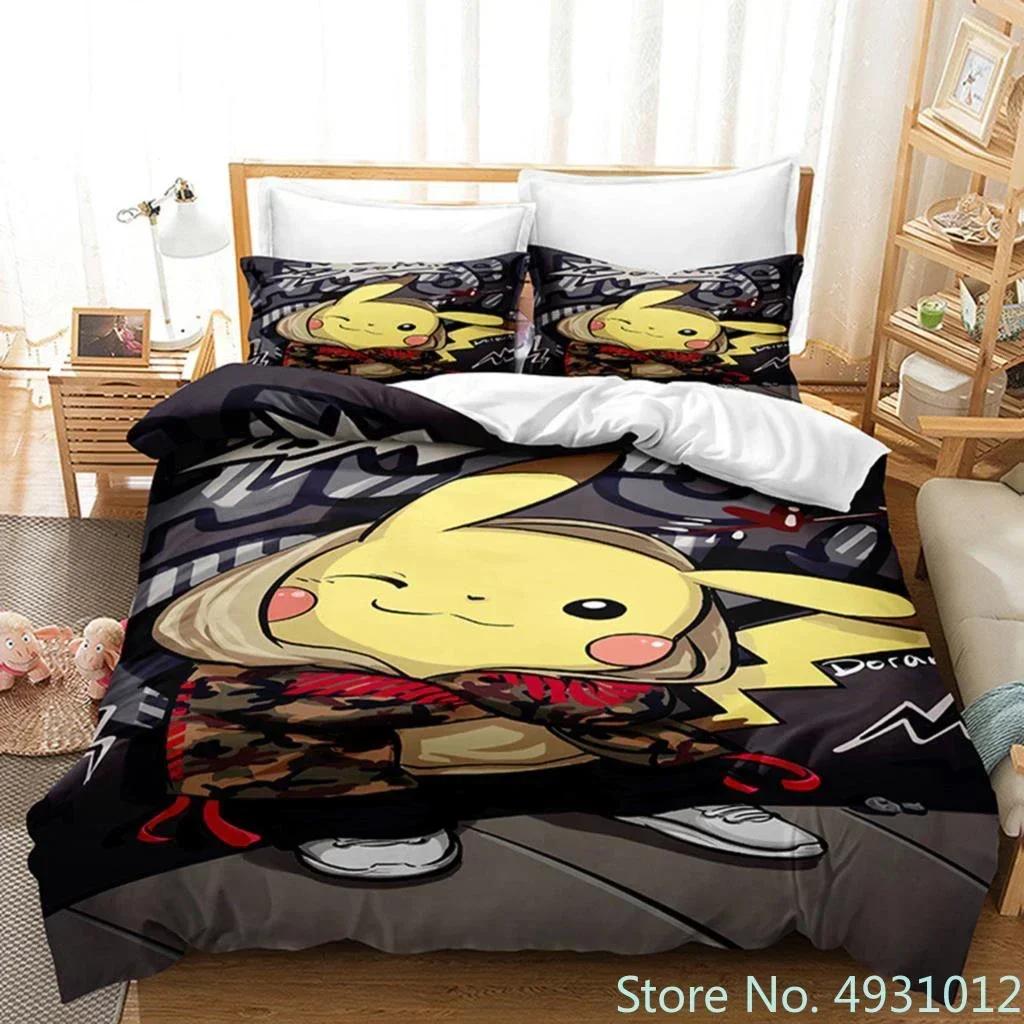 Set Biancheria da Letto 3D Anime Pikachu Copripiumino Coperta Federa Matrimoniale Queen King Size Bambino Bambini Camera da Letto Tessile per la Casa