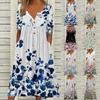 Fashion Plus Size Elegant Print V-neck Dress Women Buttons Short Sleeve Casual Loose Dresses for Women Summer Vintage Pocket Floral Ladies Dress 26378
