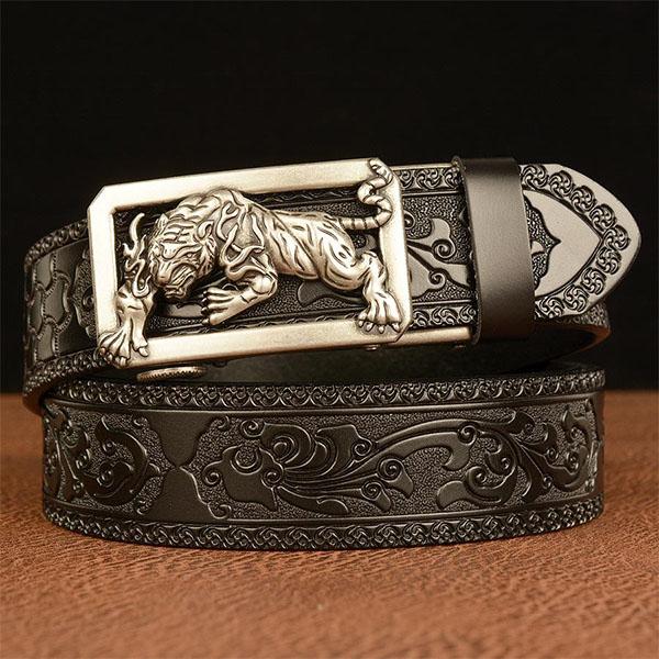 Male Belt Genuine Leather Belt for Men Carving Flower Pattern Animal Tiger Gold Automatic Buckle Belt Strap for Jeans