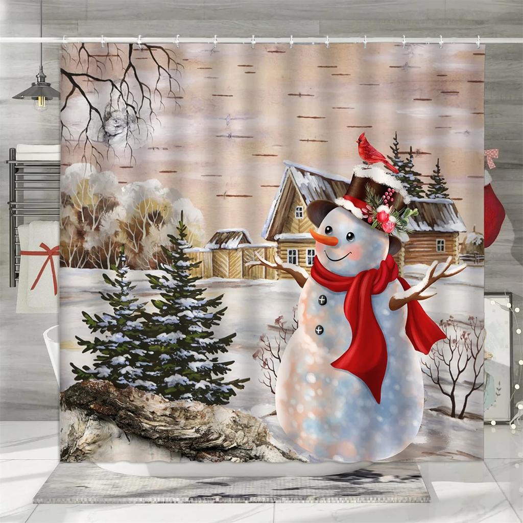 Gerahmter Weihnachts-Duschvorhang, Winter-Schneemann Weihnachtsmann Bauernhaus-LKW Schneeflocke Weihnachtsbaum Roter Vogel Badezimmer