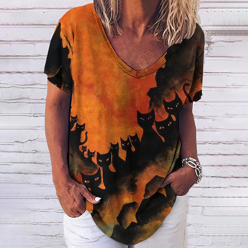 Μπλουζάκι Γυναικείο 3d Fashion Cat Print V λαιμόκοψη κοντό μανίκι Βασικά μπλουζάκια Streetwear Καλοκαιρινό casual υπερμεγέθη γυναικεία ρούχα 5XL