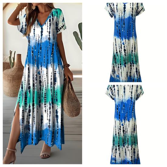 Women Summer Dress V-Neck Short Sleeve Side Slit Design Maxi Dress Tie Dye Print Loose Fit Casual Dress