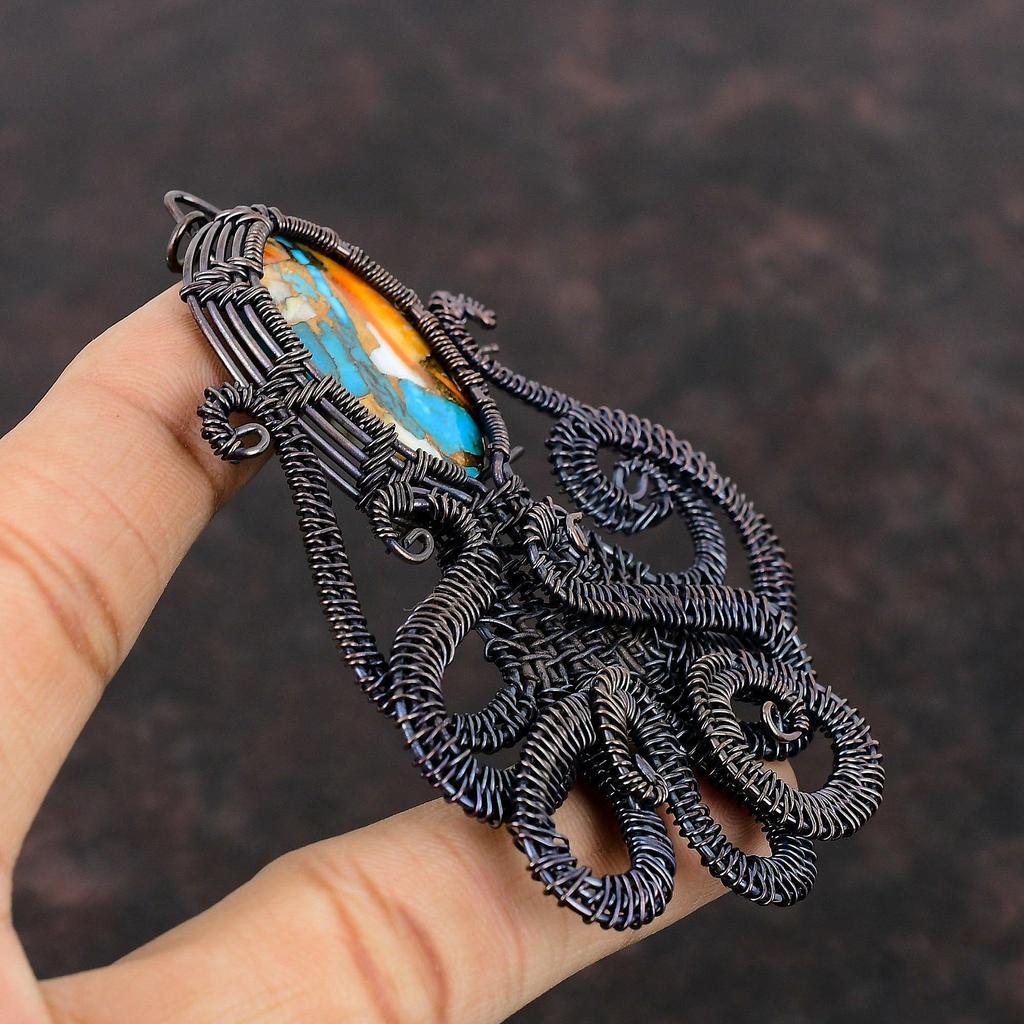 Spiny Oyster Copper Turquoise Pendant Copper Wire Wrapped Octopus Pendant Handmade Pendant Gemstone Jewelry Copper Wire Pendant Gift For Her
