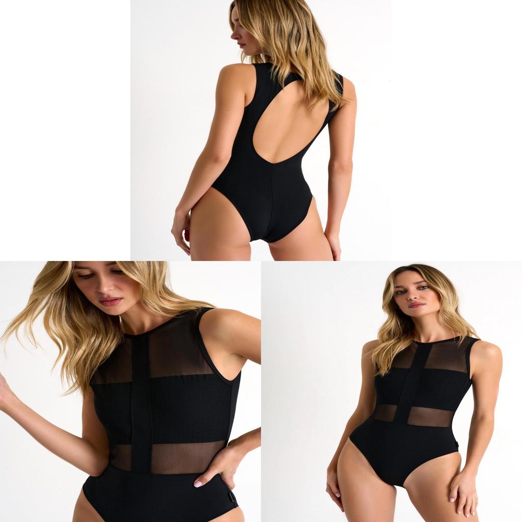 Classic Women Black Backless Mesh Swimsuit With Padded Bust For Swimming And Water Sports