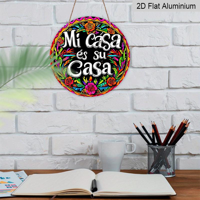 2D Flat, 1pc Vintage "Mi Casa Es Su Casa" Metal Wall Art Sign, Colorful Floral Round Aluminum Decor for Farmhouse, Cafe, Beach House, Backyard, Boho