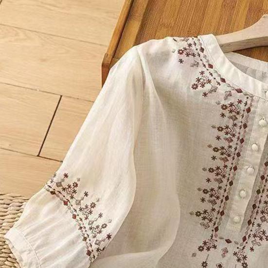 Women Shirt Retro Style Embroidery Flower Pattern Pullover Tops Round Neck