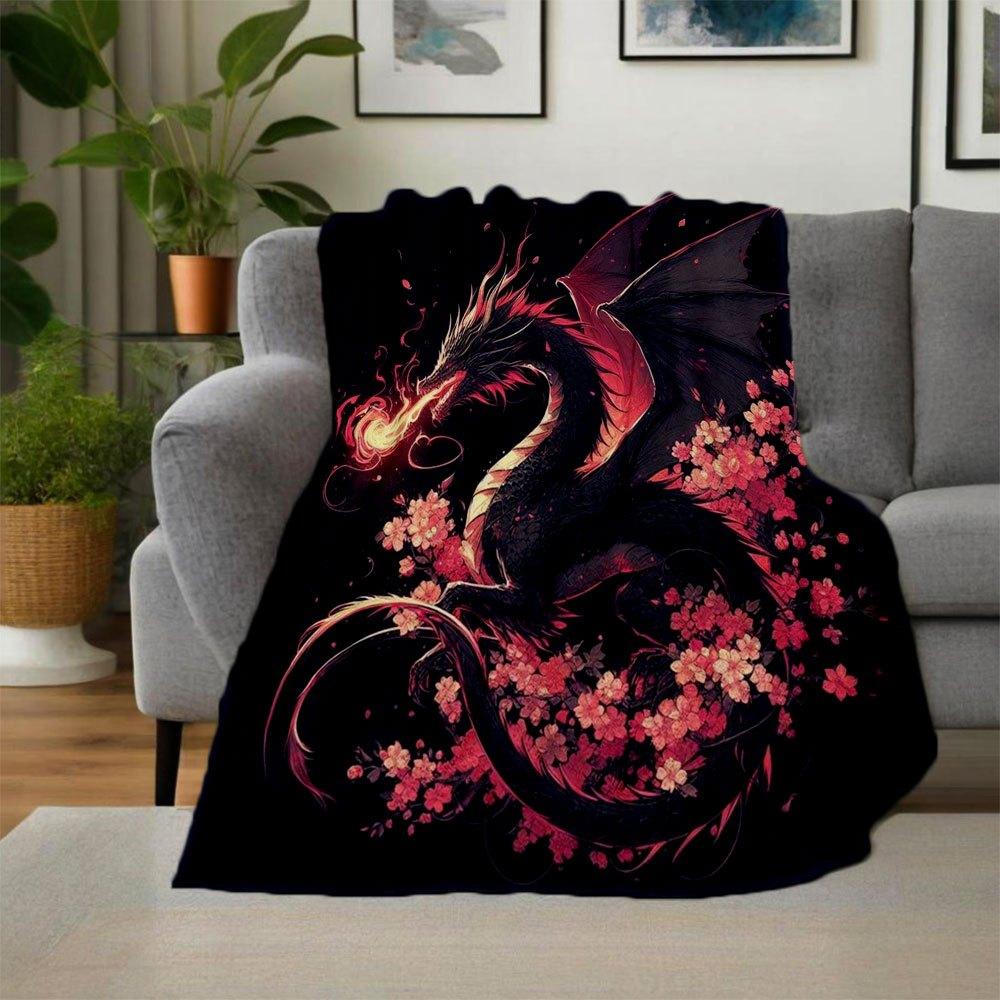 Fantasy Dragon with Fire and Flowers Wall Art Print PosterBlanket Flannel Throw Blanket for Sofa, Bed, Travel, Camping, Office, Couch, Chair
