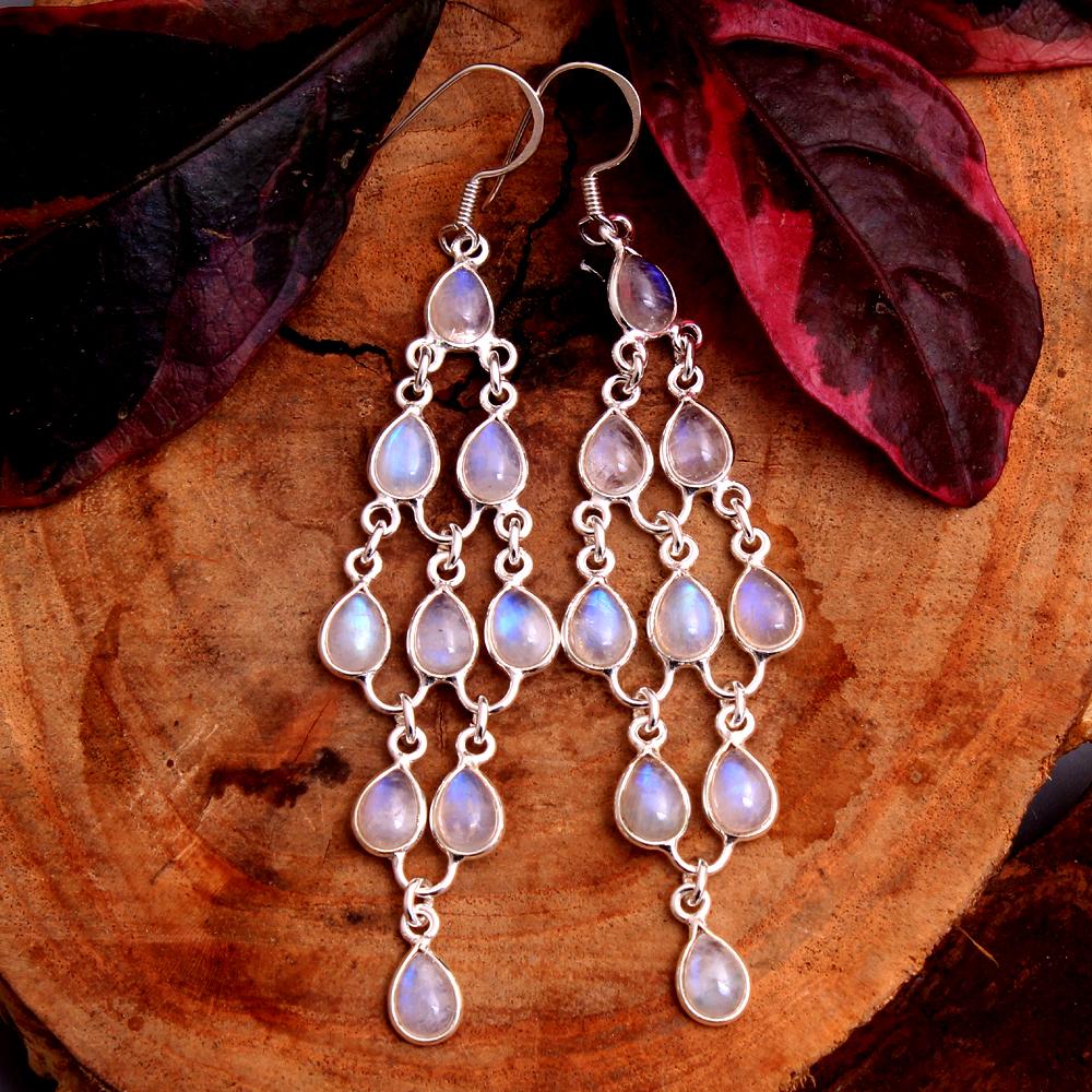 Natural Moonstone 925 Sterling Silver Handmade Fine Jewelry Reiki Women Dangle Earring