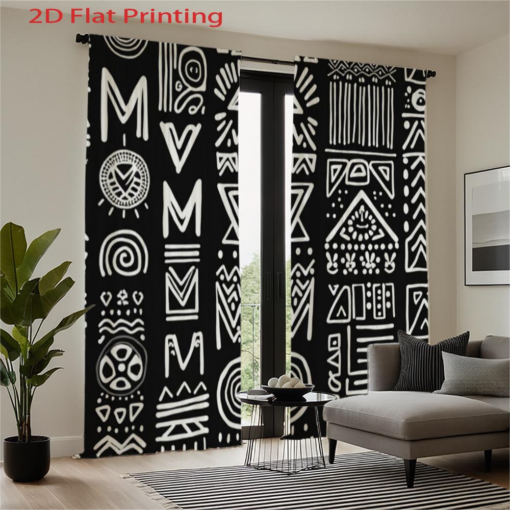 African Geometric Print Curtains Black White Semi Transparent Polyester Window Drapes Design Set Of 2 Made With Rod Pocket