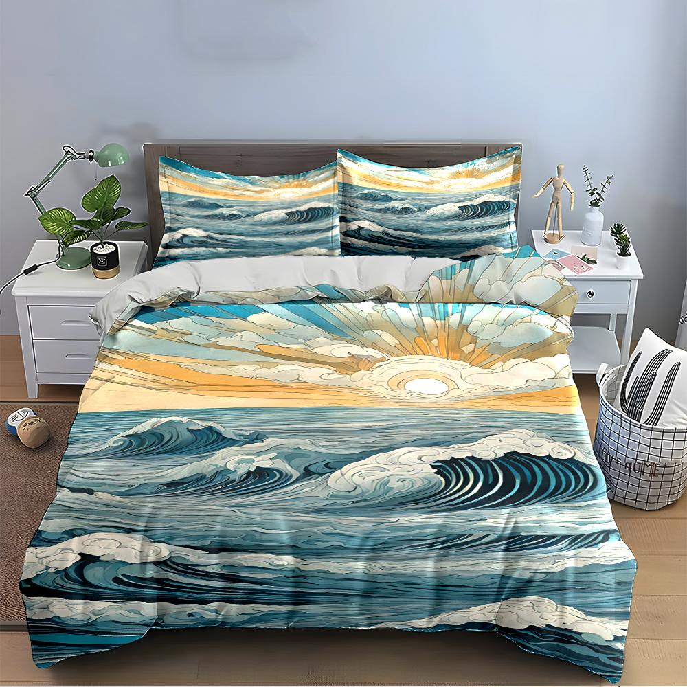 Ocean Wave Sunrise Print Bedding Set (1 Duvet Cover, 2 Pillowcases, Duvet Not Included)