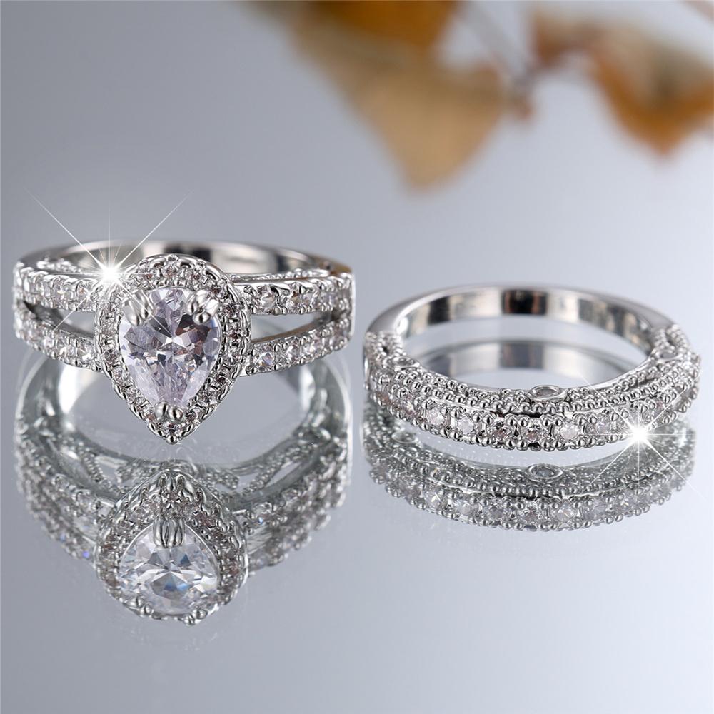 s Female CopperColor White Zircon Stone Ring Set Vintage Bridal Wedding Bands Party Jewelry For Women