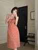 French Floral Lace-up Suspender Dress Women's Summer New Waist Thin Medium and Long Dress Red Holiday Skirt