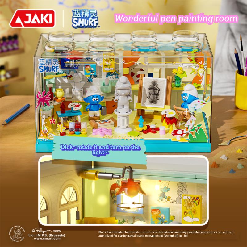 Smurfs Painting Room Magic House Building Blocks Cartoon Hut Model Bricks With Dust Cover Kids Educational Toys Holiday Gifts
