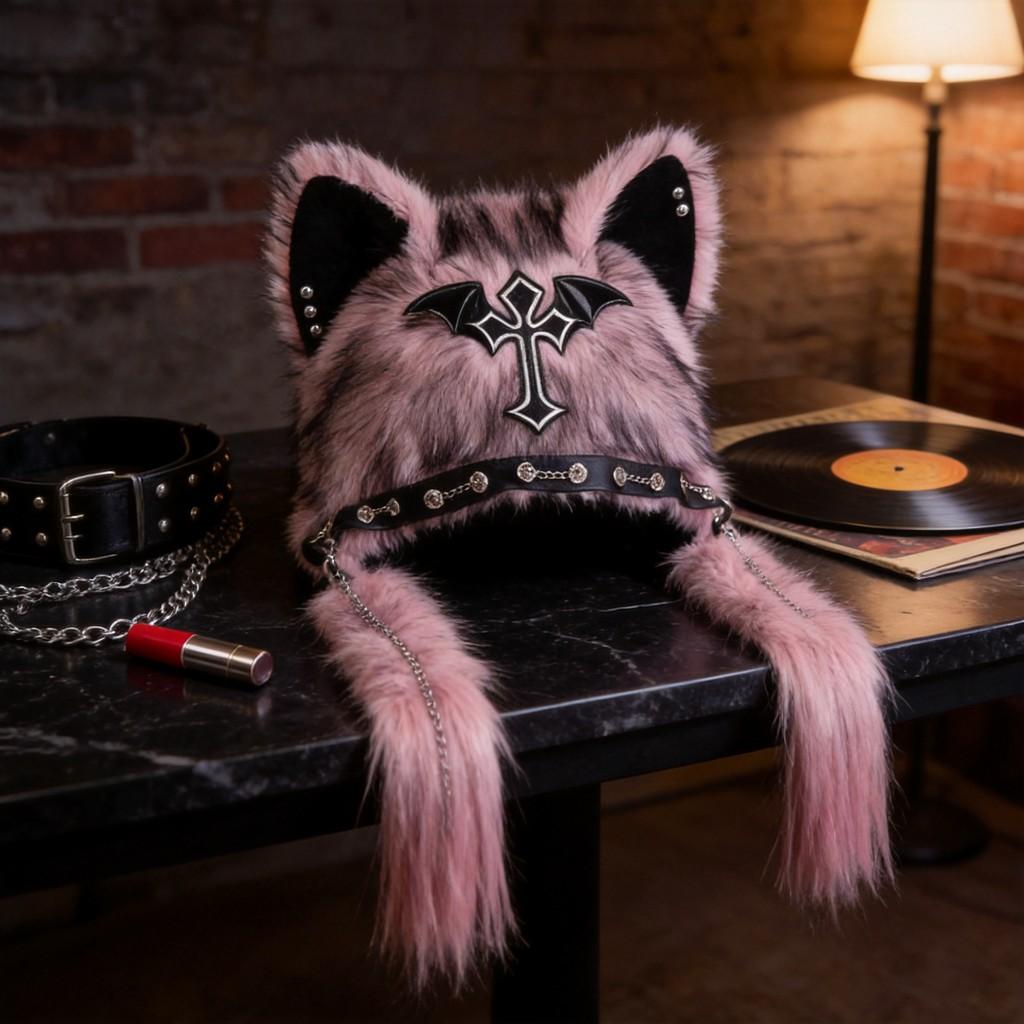 Plüsch-Katzenohren-Mütze für den Winter, warm, faltbares Design für Punk-Style-Enthusiasten
