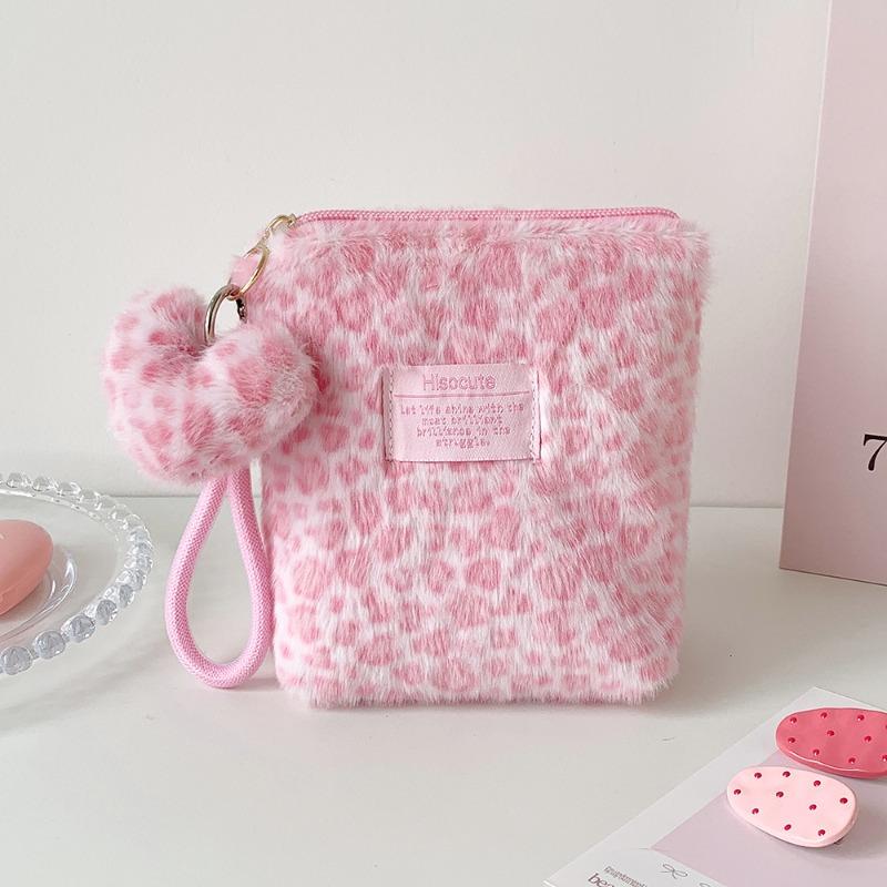 Winter Retro Hand-carrying Plush Leopard Pattern Cosmetic Bag Girl Portable Skin Care Product Storage Bag Student Small Toiletry Bag